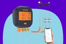 INKBIRD WiFi Meat Thermometer IBBQ-4T on a blue background.