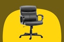 black leather-look office chair with one adjustment lever and five casters and arms