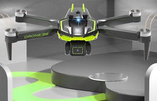 a grey and lime green drone with a camera on it