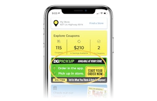 phone screen shows DG app with DG pickup circled in yellow