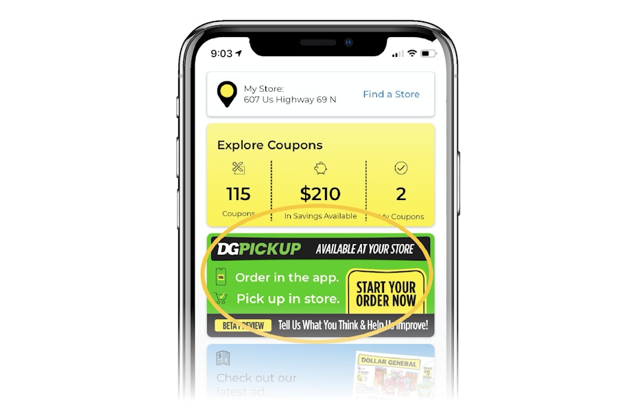 phone screen shows DG app with DG pickup circled in yellow