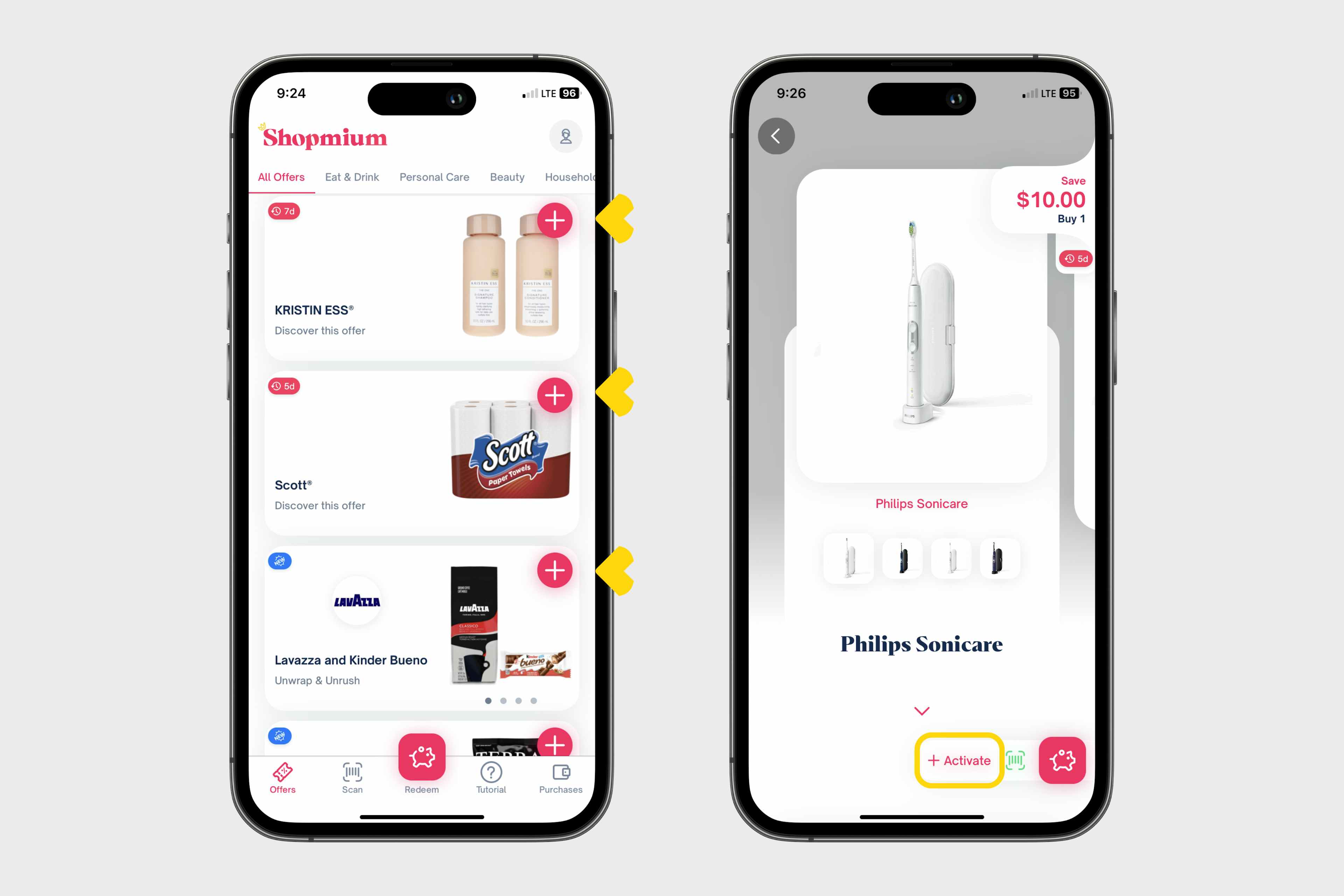 two phones showing how to activate offers in the shopmium app