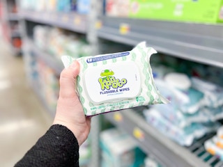 hand holding a package of Kandoo flushable wipes
