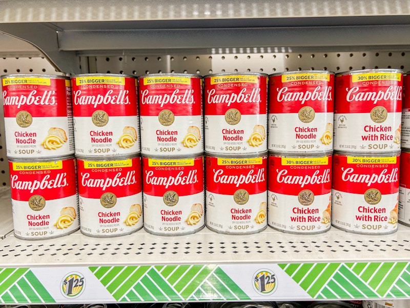 campbells chicken noodle soup on a store shelf at dollar tree