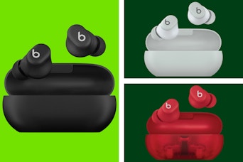 Three different pairs of Beats Earbuds that are black, gray, and red and their cases on a green collage. 
