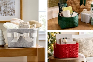 gray, red, and green storage baskets