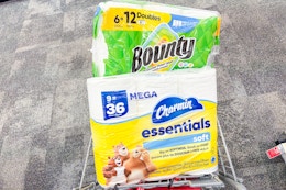 charmin toilet paper and bounty paper towels in a cart