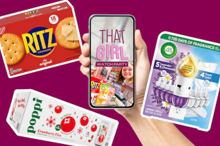 A hand holding up a phone screen playing a "that girl" video, with a picture of AirWick®, Ritz, and Poppi on dark pink background