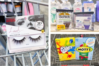 collage image of kiss false eyelashes, motts and gushers fruit snacks, and schick razor refills