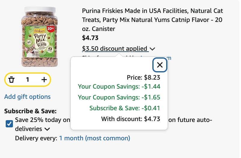 friskies cat treats Amazon receipt