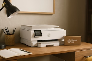 an hp printer and ink on a desk 