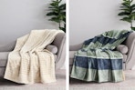 2 lifestyle images of the Better Homes & Gardens Throw Blankets in 2 different prints (draped over a chair)