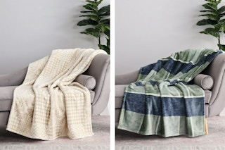 2 lifestyle images of the Better Homes & Gardens Throw Blankets in 2 different prints (draped over a chair)