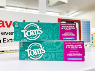 two Tom's of Maine toothpaste on shelf