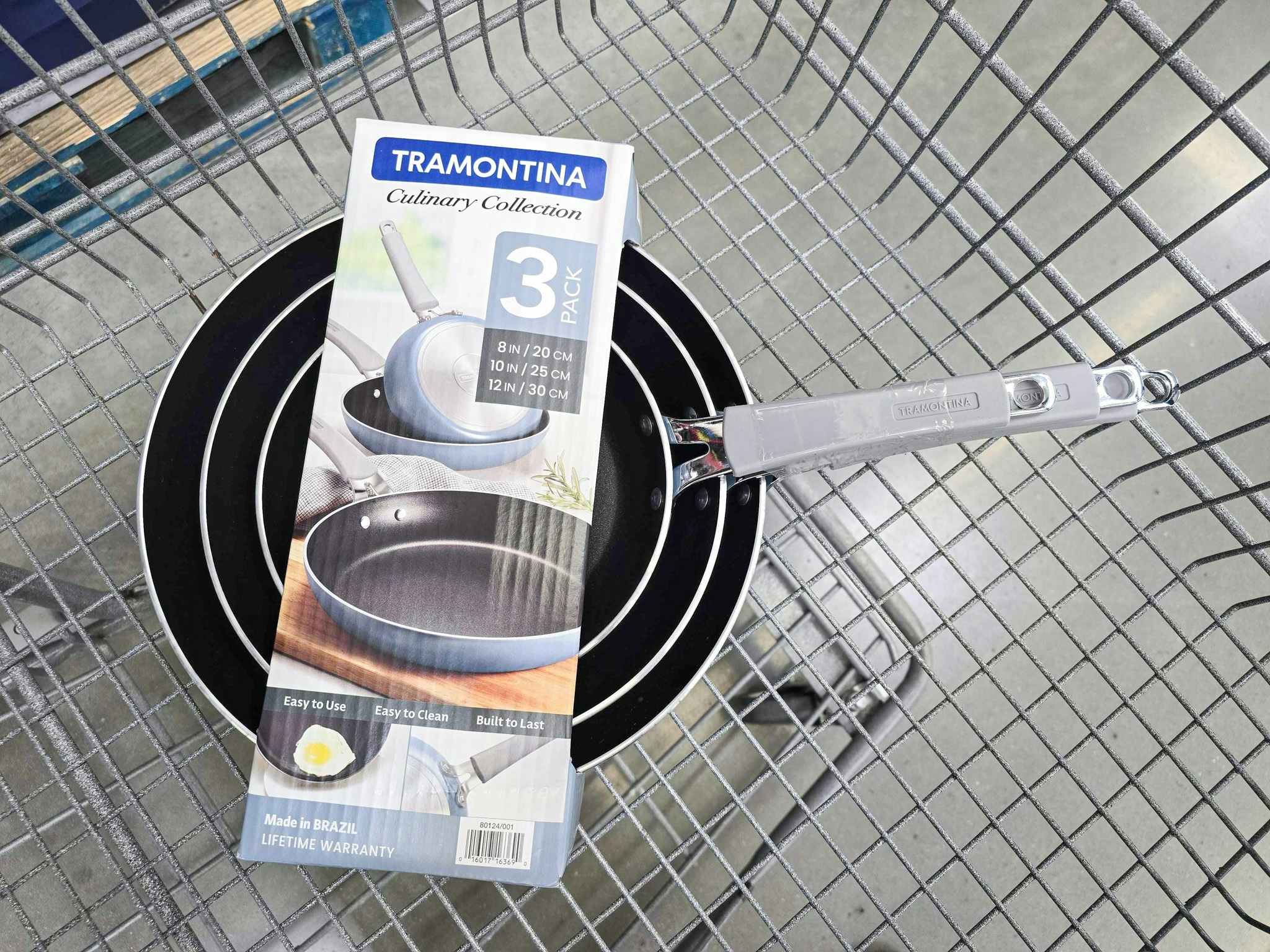 3-pack of tramontina frying pans in a cart