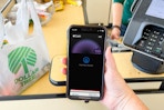 A person's hand holding a cellphone with apple pay on screen at the dollar tree register about to pay.