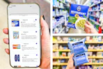 collage with makeup wipes, mac and cheese, and a hand holding a smartphone displaying 1-clip coupons in the kcl app