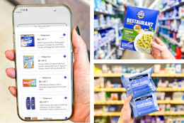 collage with makeup wipes, mac and cheese, and a hand holding a smartphone displaying 1-clip coupons in the kcl app