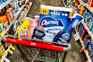 tide simply, loreal elvive, crest toothpaste, dawn powerwash, and charmin toilet paper in a cart