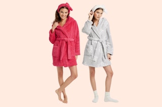 two women wearing a pink and gray robe with headband set