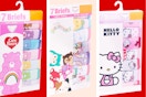 3 stock images of 7-brief packs of character-themed kids underwear (Care Bears, Squishmallows & Hello Kitty)