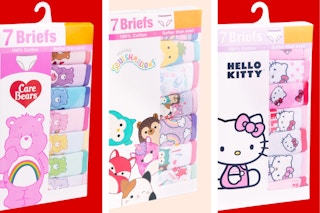3 stock images of 7-brief packs of character-themed kids underwear (Care Bears, Squishmallows & Hello Kitty)