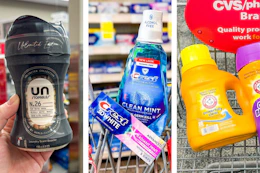 collage image of downy unstoppables, crest toothpaste and mouthwash, and arm & hammer detergent