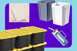 white sheets, Sterilite storage, Mainstays tumbler, and motion sensor trash can