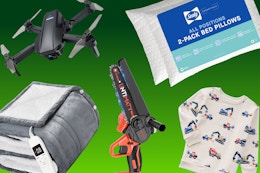 Drone, heated blanket, mini chainsaw, Sealy pillows, Garanimal toddler sweatshirt