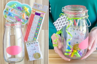 Two images; one with a jar and pencils, small notepad and dinosaur erasers, the second image has a person holding the jar with all of ...