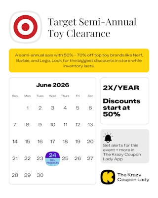 calendar graphic with the target semi annual toy clearance prediction for june 2026