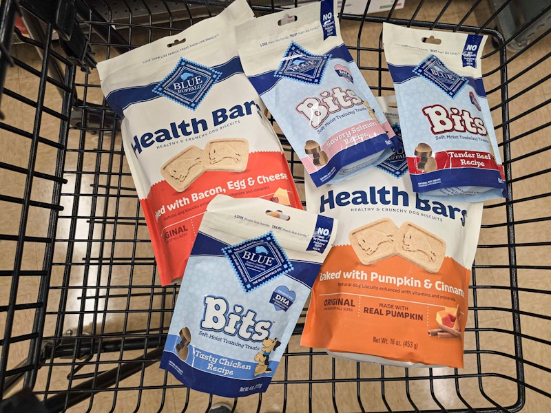 5 bags of blue buffalo dog treats in a cart