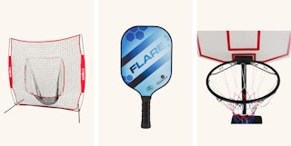 pitching practice net, pickleball paddle, and basketball hoop