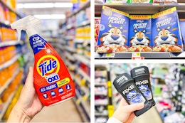 dollar general tide, kellogg's, axe 3-photo collage