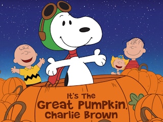 Snoopy popping out of a pumpkin that reads, "It's the Great Pumpkin Charlie Brown" with Peanuts characters in the background.