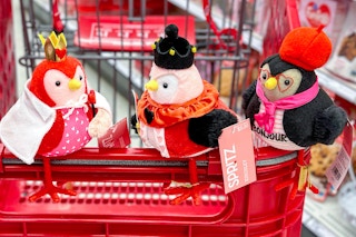 some valentines day birds on a target cart