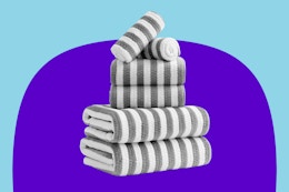 Stock image of a gray-striped 6-piece towel set (all folded and stacked together)