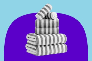Stock image of a gray-striped 6-piece towel set (all folded and stacked together)