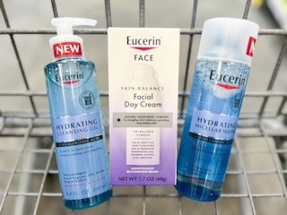 bottle of Eucerin hydrating cleansing gel, micellar water, and Skin Balance Day cream in shopping cart