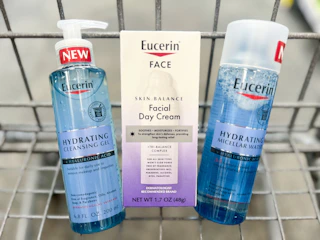 bottle of Eucerin hydrating cleansing gel, micellar water, and Skin Balance Day cream in shopping cart