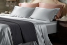  Bedsure Satin Sheets Queen Size - 4 Piece Silky on a made bed.