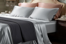  Bedsure Satin Sheets Queen Size - 4 Piece Silky on a made bed.