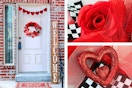 3 Lifestyle images of the Fraser Hill Valentine's Day Wreath (one photo of it hung on a door + 2 close up shots)
