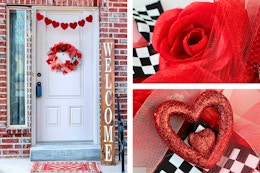 3 Lifestyle images of the Fraser Hill Valentine's Day Wreath (one photo of it hung on a door + 2 close up shots)