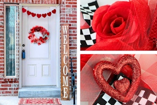 3 Lifestyle images of the Fraser Hill Valentine's Day Wreath (one photo of it hung on a door + 2 close up shots)