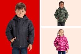 black, green camo, and pink floral toddler snowplay jackets