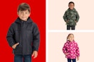 black, green camo, and pink floral toddler snowplay jackets