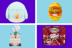 collage with squishmallows, dr. pepper peeps, and a reeses candy egg