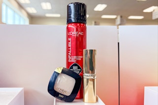 loreal eyeshadow, lipstick, and setting spray
