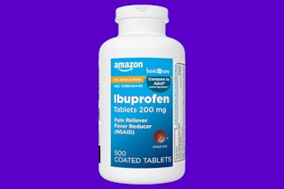 A bottle of Amazon Basic Care Ibuprofen tablets, 200 mg 500 ct